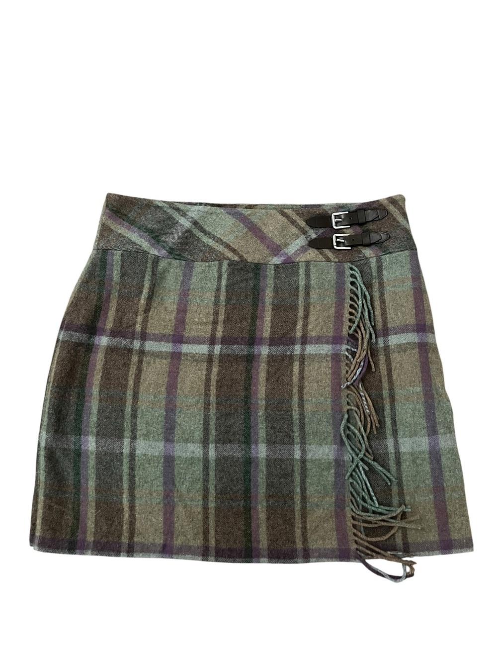 Lauren Ralph Lauren Plaid Fringe Trim Tweed Mini Skirt Buckles Sz 12 Wool Blend - Picture 3 of 15